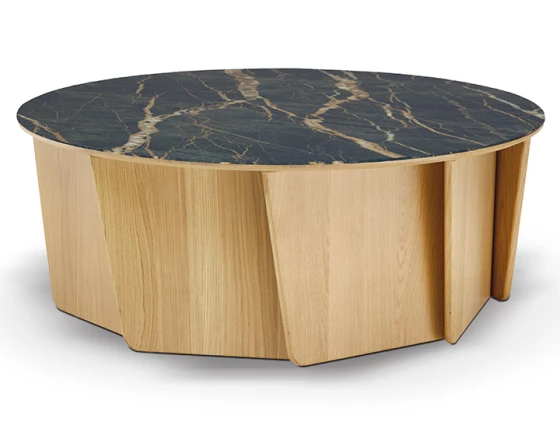 Table basse ronde en chêne naturel et céramique effet marbre noir 80 cm