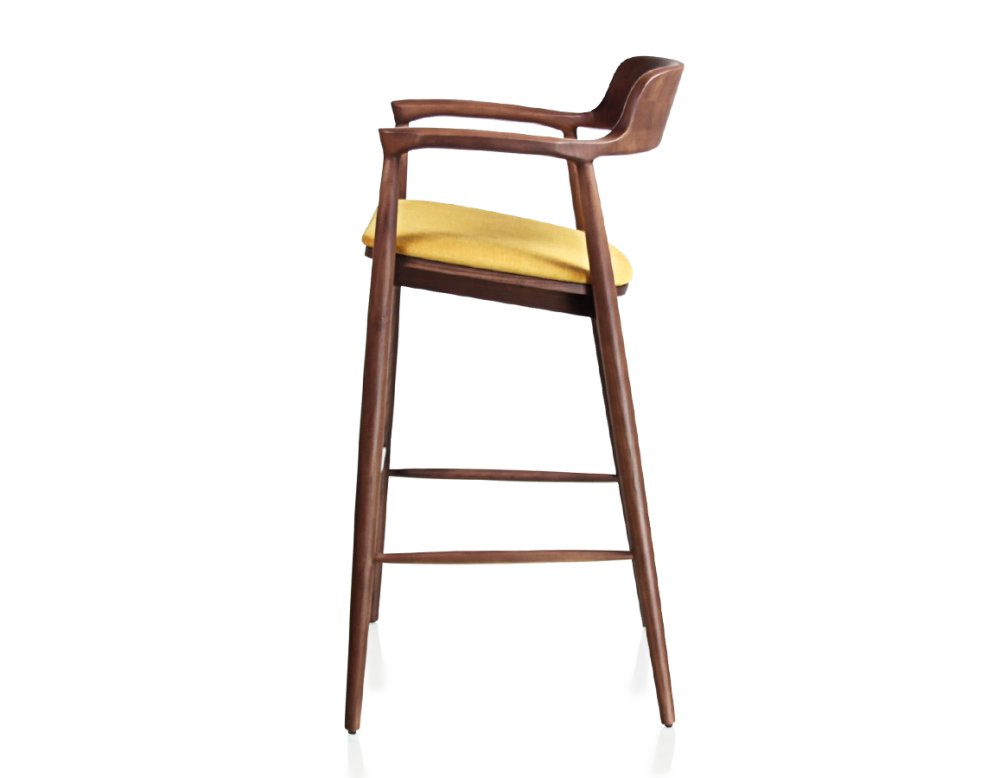 Bar stool h80 cm walnut-stained wood, yellow fabric seat Bar stool h80 cm walnut-stained wood, yellow fabric seat