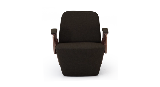 Armchair with armrests design natural walnut frame with anthracite grey fabric seat.