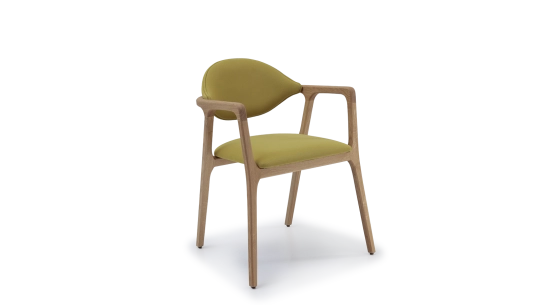Chair design with armrests in oak natural wood finish and green fabric
