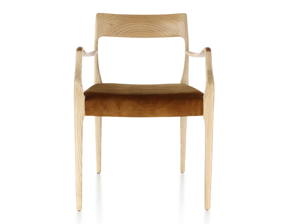 Chaise scandinave avec accoudoirs bois teinte naturelle assise tissu velours bronze Chaise scandinave avec accoudoirs bois teinte naturelle assise tissu velours bronze