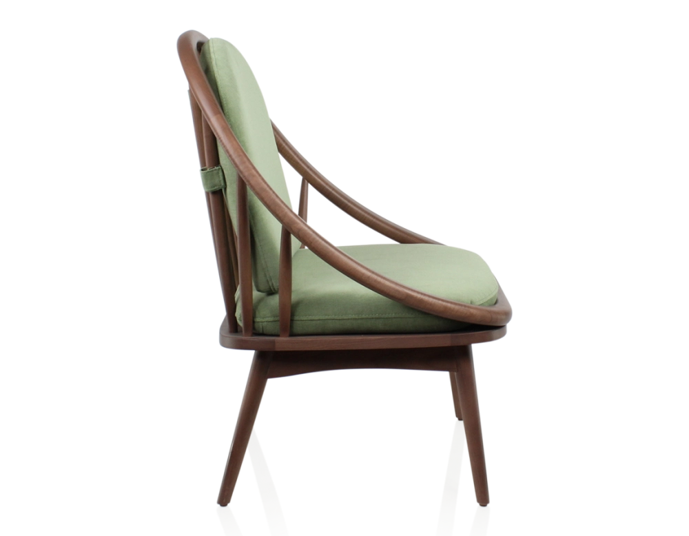 Fauteuil scandinave bois teinte noyer et tissu vert Fauteuil scandinave bois teinte noyer et tissu vert