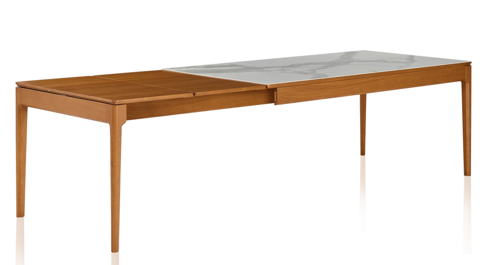 Table extensible 8 à 12 personnes en chêne et céramique allonges bois avec bois teinte merisier et plateau céramique effet marbre blanc 210x90 cm Table extensible 8 à 12 personnes en chêne et céramique allonges bois avec bois teinte merisier et plateau céramique effet marbre blanc 210x90 cm