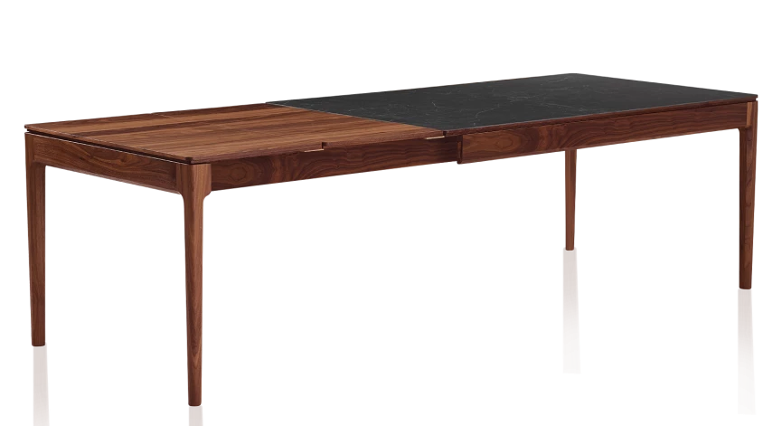 Table extensible en noyer et céramique allonges bois avec bois teinte naturelle et plateau céramique effet ardoise 140x90 cm