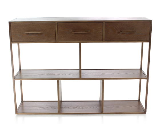 Console design frêne teinte marron foncé et métal patine laiton