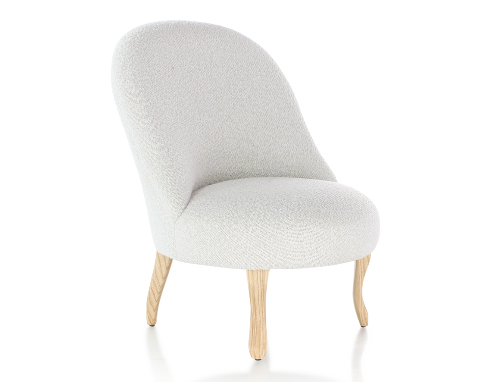 Fauteuil crapaud sans accoudoirs pieds bois teinte naturelle et tissu bouclé blanc Fauteuil crapaud sans accoudoirs pieds bois teinte naturelle et tissu bouclé blanc