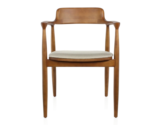 Chaise scandinave bois teinte merisier assise tissu chevron beige