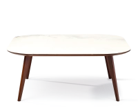 Table basse carré aux angles arrondis F2 en chêne et céramique bois teinte marron foncé plateau céramique effet marbre blanc 90x90x40 cm