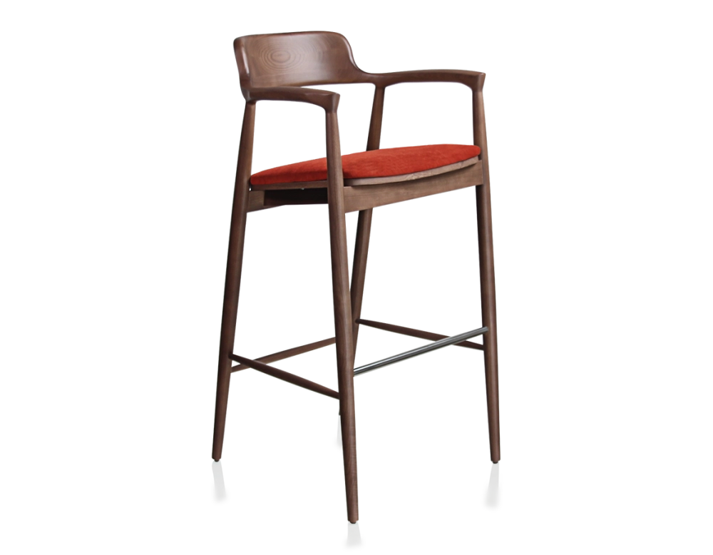 Tabouret de bar h80 cm bois teinte noyer assise tissu orange brulé Tabouret de bar h80 cm bois teinte noyer assise tissu orange brulé