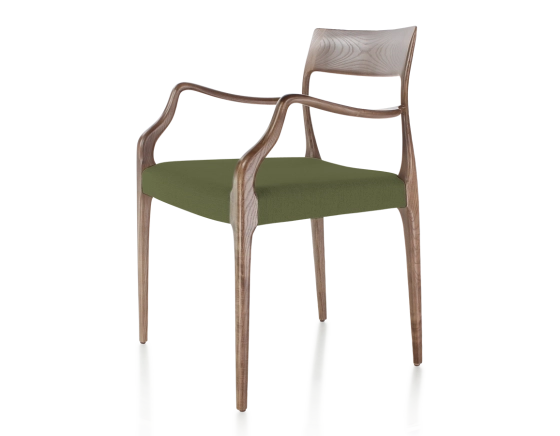 Scandinavian armchair with armrests dark brown stained wood, olive green fabric seat