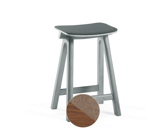 Upholstered oak bar stool H60 cm walnut-stained wood, taupe fabric seat