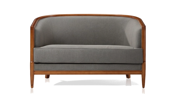 Canapé ancien 2 places accoudoirs moulurés bois teinte ancienne et tissu gris clair