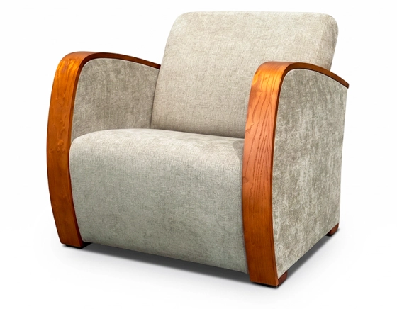 Fauteuil design bois teinte merisier et tissu vert bambou
