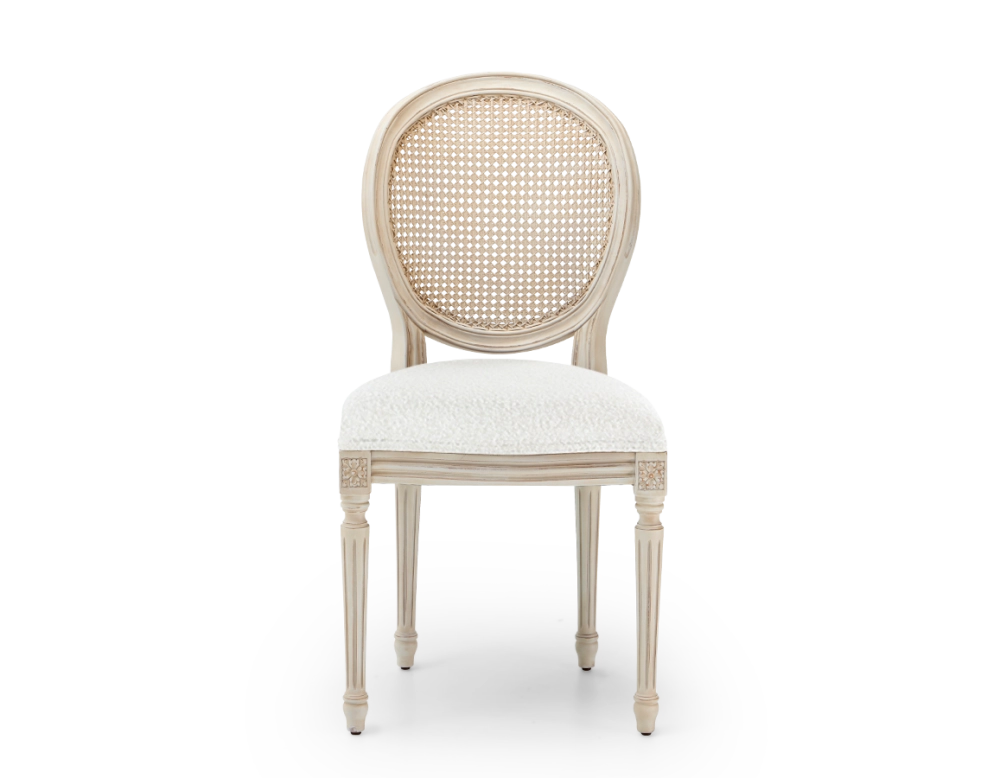 Chaise ancienne style Louis XVI bois teinte blanche cérusée dossier canné assise tissu bouclé blanc Chaise ancienne style Louis XVI bois teinte blanche cérusée dossier canné assise tissu bouclé blanc