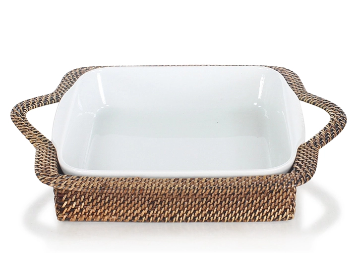Plat porcelaine carré avec support en fleur de rotin petit modèle Plat porcelaine carré avec support en fleur de rotin petit modèle