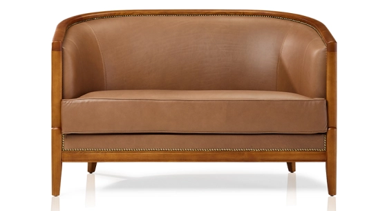 Canapé ancien 2 places bois teinte meriser et cuir noisette