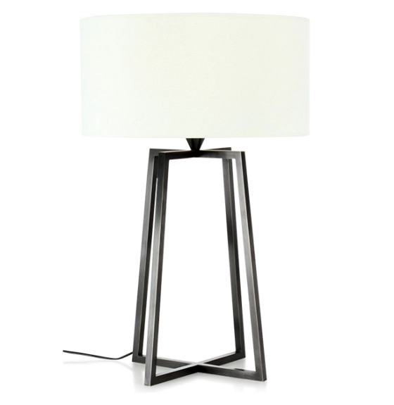 Black living room lamp with crossed legs and ivory lampshade