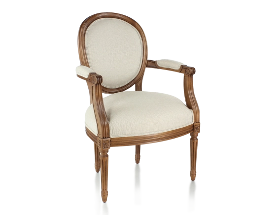 Fauteuil ancien style Louis XVI bois teinte ancienne et tissu chevron beige