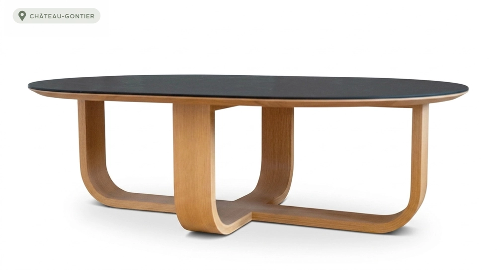 Table basse ovale en chêne et céramique avec bois teinte naturelle plateau céramique effet ardoise 120x80 cm