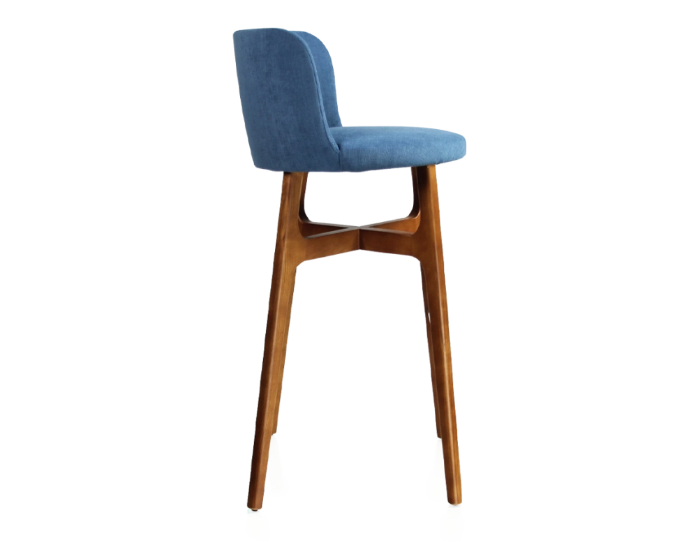 Tabouret de bar h80 cm bois teinte merisier assise tissu bleu jeans Tabouret de bar h80 cm bois teinte merisier assise tissu bleu jeans
