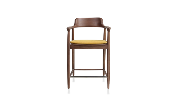 Bar stool h60 cm walnut-stained wood, yellow fabric seat