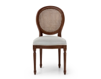 Louis XVI style antique chair dark brown stained wood with cane backrest and light grey fabric seat. Louis XVI style antique chair dark brown stained wood with cane backrest and light grey fabric seat.