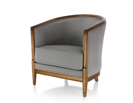 Fauteuil ancien accoudoirs moulurés bois teinte ancienne et tissu gris clair