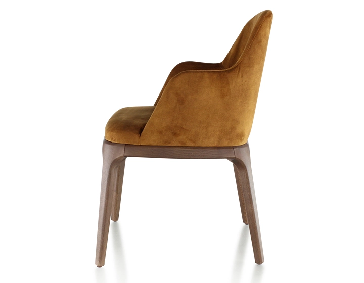 Chaise design avec accoudoirs bois teinte marron foncé et tissu velours bronze Chaise design avec accoudoirs bois teinte marron foncé et tissu velours bronze