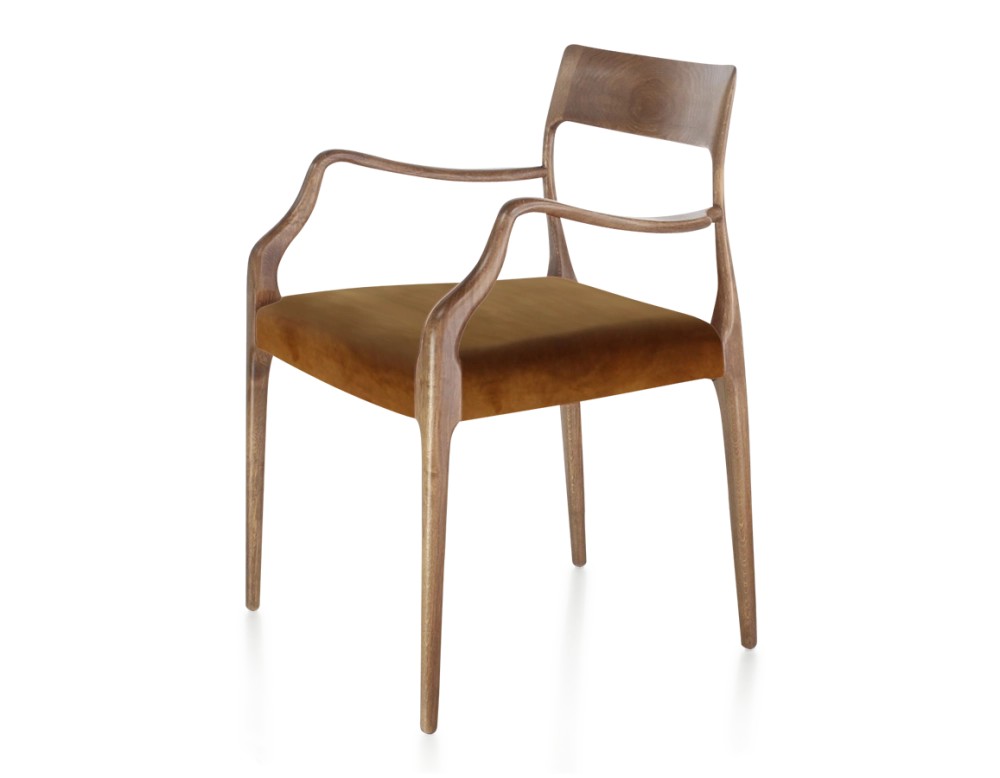 Chaise scandinave avec accoudoirs bois teinte noyer assise tissu velours bronze Chaise scandinave avec accoudoirs bois teinte noyer assise tissu velours bronze