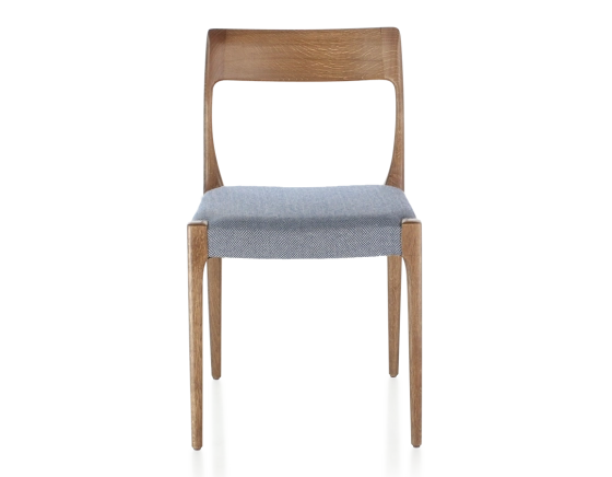 Scandinavian chair walnut-stained wood, blue chevron fabric seat