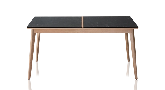 Oak and ceramic dining table for 6 people with natural stained wood and oxidised brown ceramic top 140x100 cm