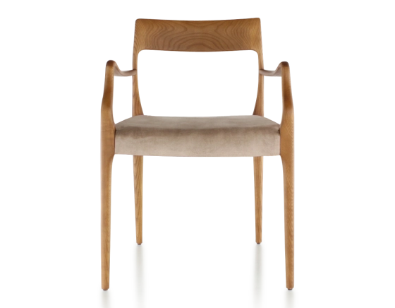 Scandinavian armchair with armrests cherry-stained wood, light taupe velvet seat