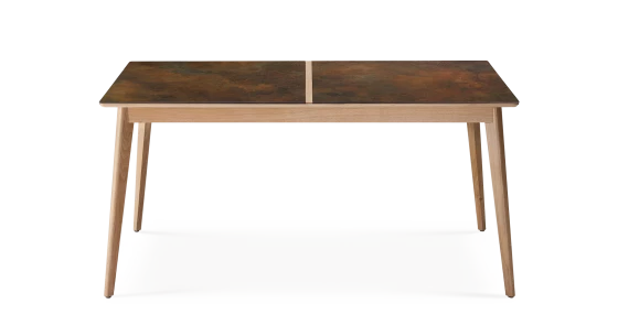Table salle à manger 6 personnes en chêne et céramique avec bois teinte naturelle et plateau céramique brun oxydé 140x90 cm