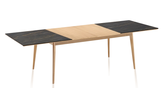 Extendable table for 8 to 14 people in oak and ceramic with wooden extensions with natural stained wood and black marble effect ceramic top 210x100 cm