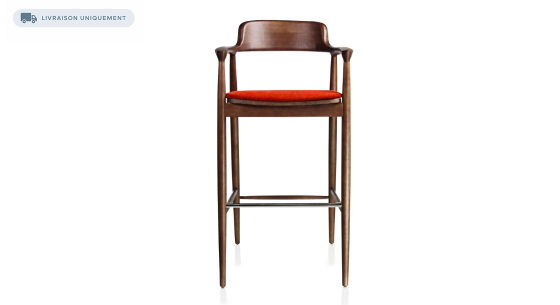 Tabouret de bar h80 cm bois teinte marron foncé assise tissu orange brulé