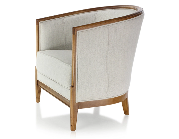 Antique armchair with moulded armrests wood stained antique and natural beige fabric Antique armchair with moulded armrests wood stained antique and natural beige fabric