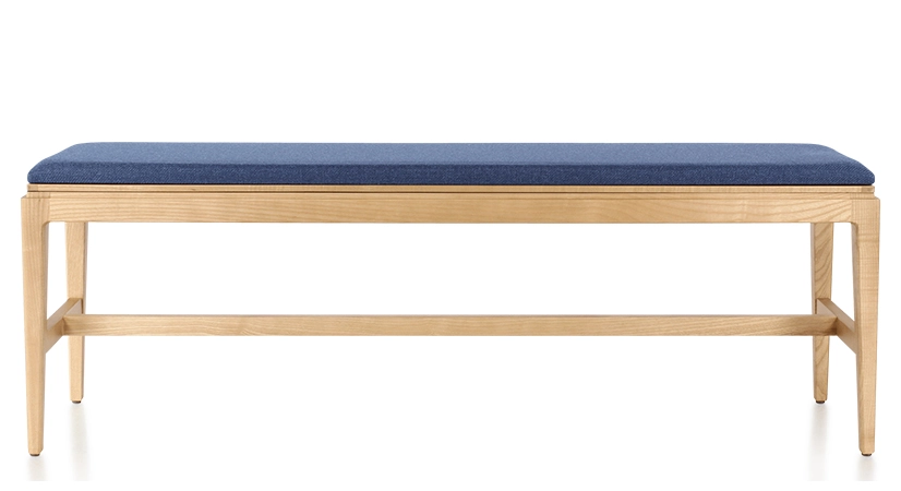 Banc design bois teinte naturelle assise tissu bleu marine L120 cm Banc design bois teinte naturelle assise tissu bleu marine L120 cm