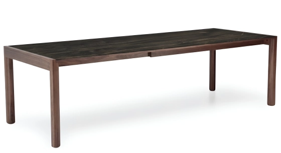Table extensible 8 à 12 personnes en noyer et céramique allonges céramique bois teinte naturelle et céramique effet marbre noir 180x100 cm