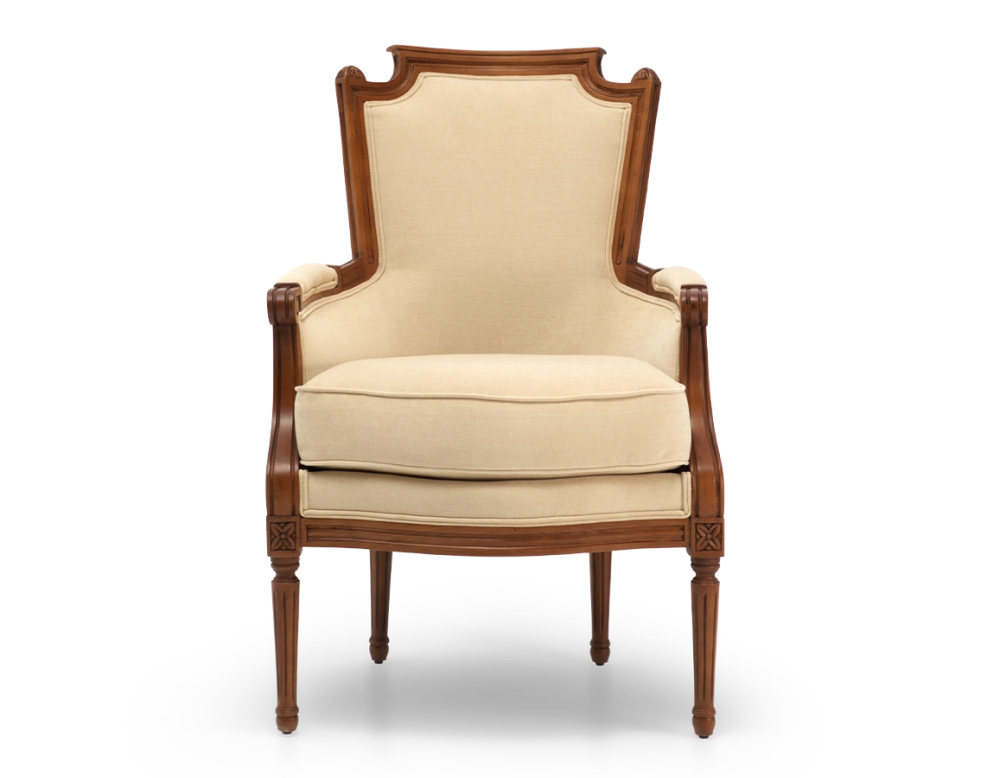 Fauteuil bergère style Louis XVI bois teinte ancienne et tissu crème Fauteuil bergère style Louis XVI bois teinte ancienne et tissu crème