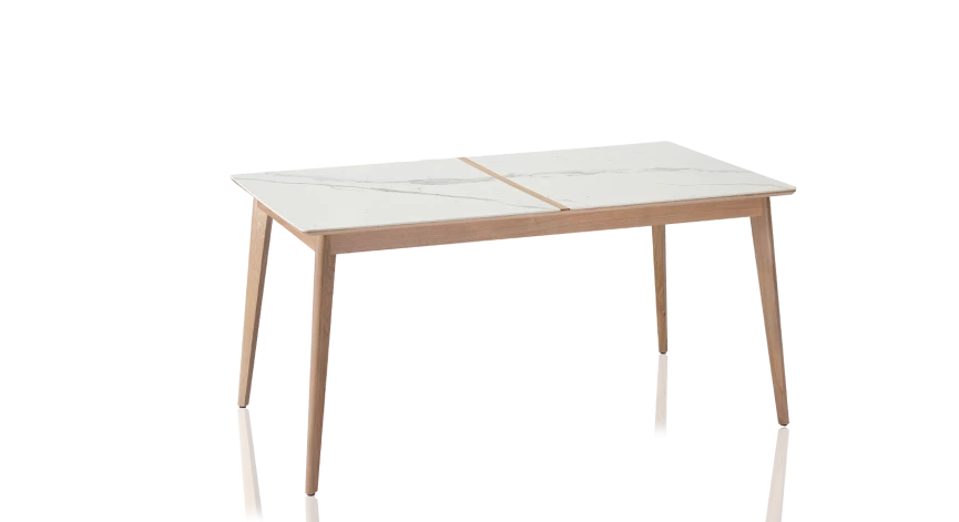Table extensible en chêne naturel et céramique effet marbre blanc allonge chêne 140x100 cm
