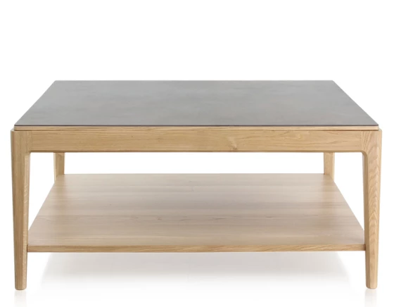 Table basse carrée en chêne et céramique avec tablette en bois teinte naturelle plateau céramique brun oxydé 100x100 cm