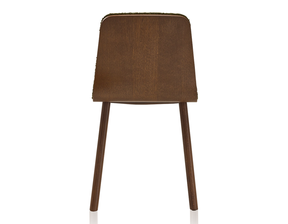 Chaise design en chêne tapissé bois teinte marron foncé assise tissu bouclé vert Chaise design en chêne tapissé bois teinte marron foncé assise tissu bouclé vert