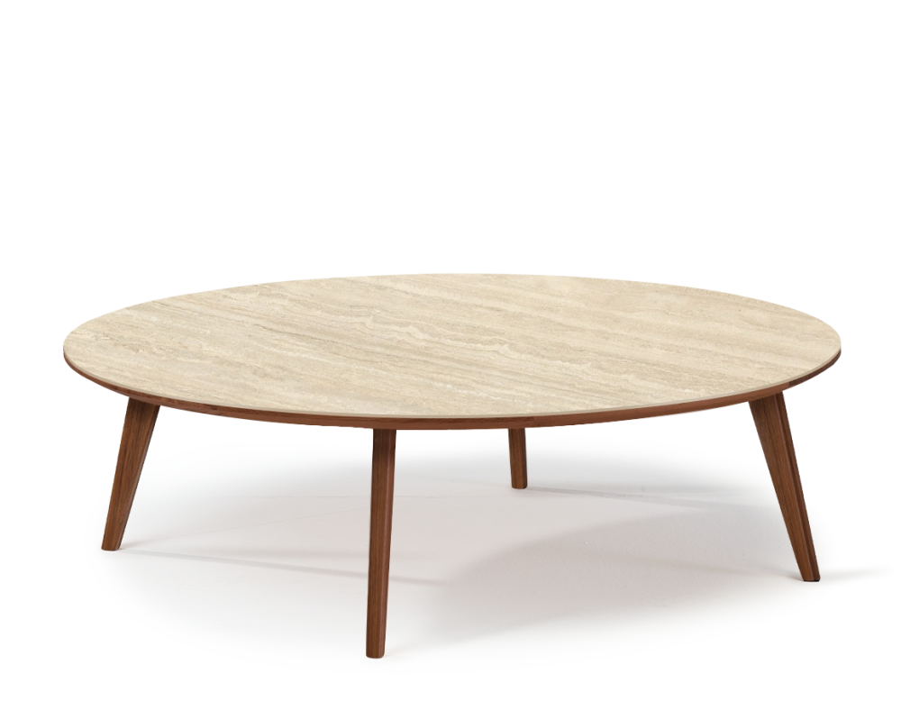 Round walnut and ceramic F1 coffee table natural wood finish with ceramic top in travertine stone effect. 90x90x40 cm