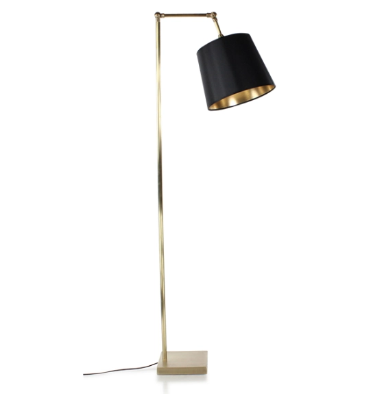 Gold articulated living room floor lamp with black lampshade and gold interior