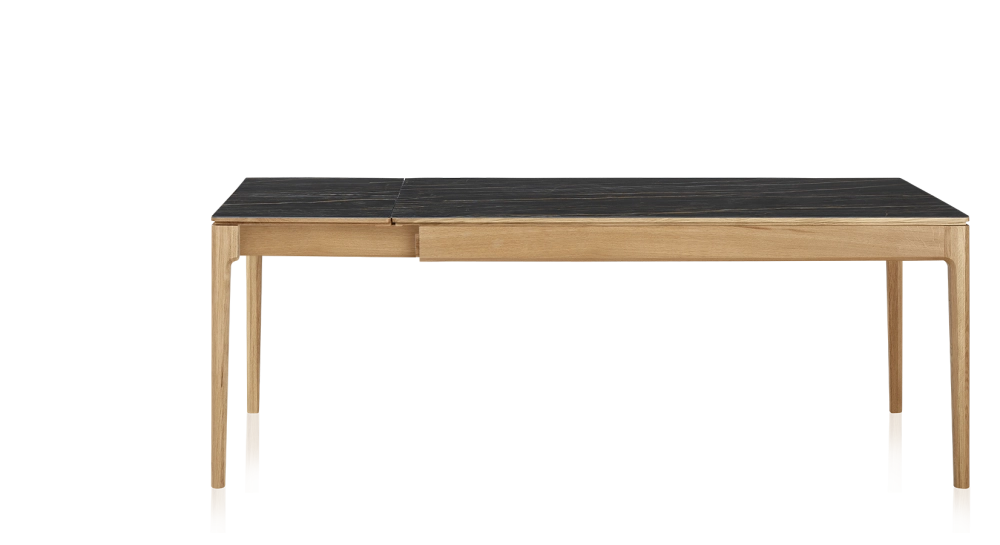Extendable table for 8 to 12 people in oak and ceramic with ceramic extensions with natural stained wood and black marble effect ceramic top and extensions 160x100 cm