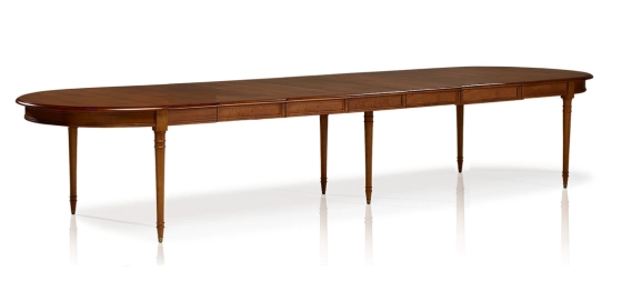 Louis XVI round extending table for 6 to 18 people wood in antique stain and beige fabric 110x120cm