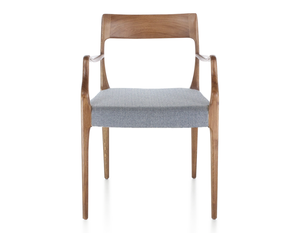 Chaise scandinave avec accoudoirs bois teinte noyer assise tissu chevron bleu Chaise scandinave avec accoudoirs bois teinte noyer assise tissu chevron bleu