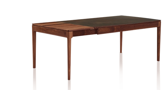 Table extensible 8 à 12 personnes en noyer et céramique allonges bois avec bois teinte naturelle et plateau céramique brun oxydé 180x100 cm