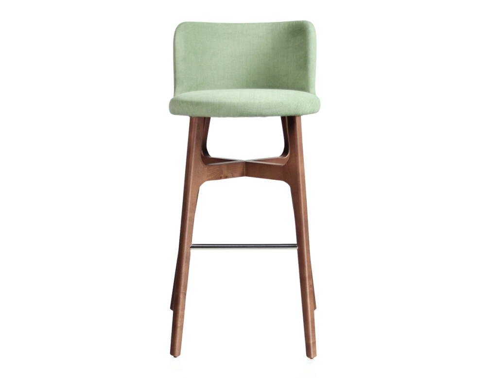 Tabouret de bar h80 cm bois teinte noyer assise tissu vert Tabouret de bar h80 cm bois teinte noyer assise tissu vert