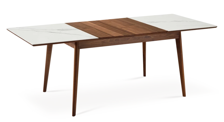 Table extensible 6 à 10 personnes en noyer et céramique allonges bois avec bois teinte naturelle et plateau céramique effet marbre blanc 140x90 cm